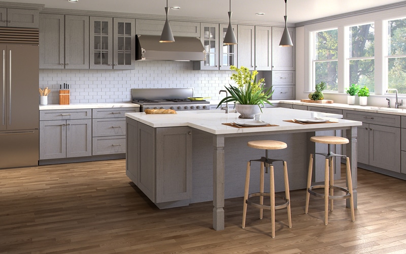 shaker grey kitchen cabinet with navy accent wall