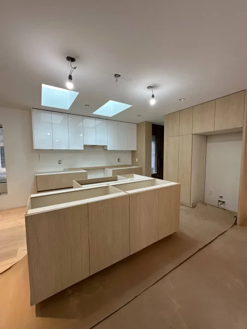 Oak Laminate, Glossy White Kitchen Cabinets